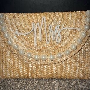 Bride “Mrs” Straw Clutch with Pearl Accents